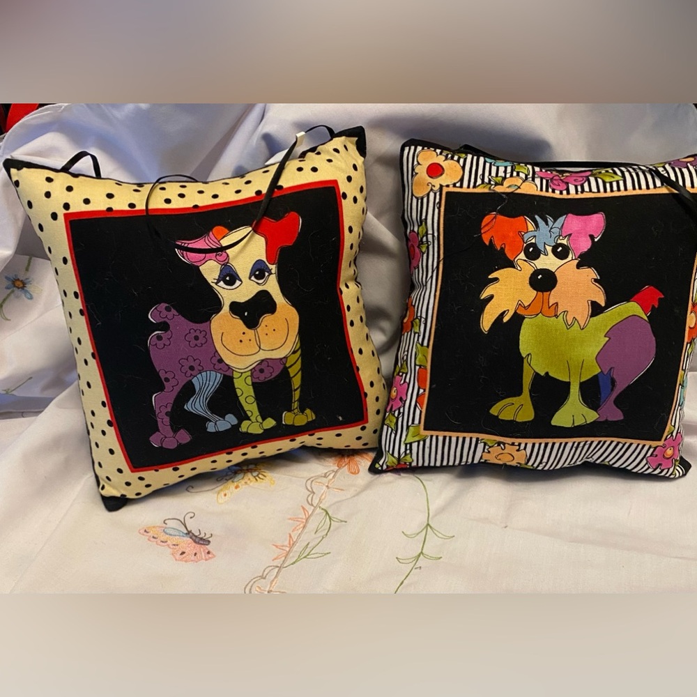Happy Dogs. Handmade 7” x 7” cotton polyfill hanging pillows